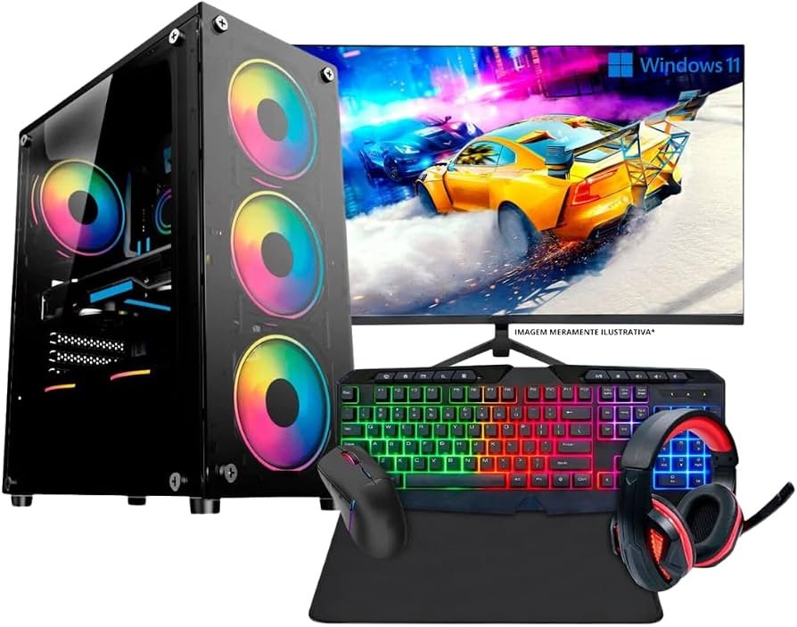 Computador gamer com monitor, teclado, mouse e fone de ouvido